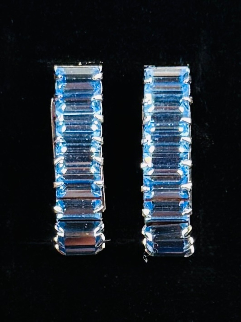 Elegant Blue Silvertone half Hoop clip on Earrings
